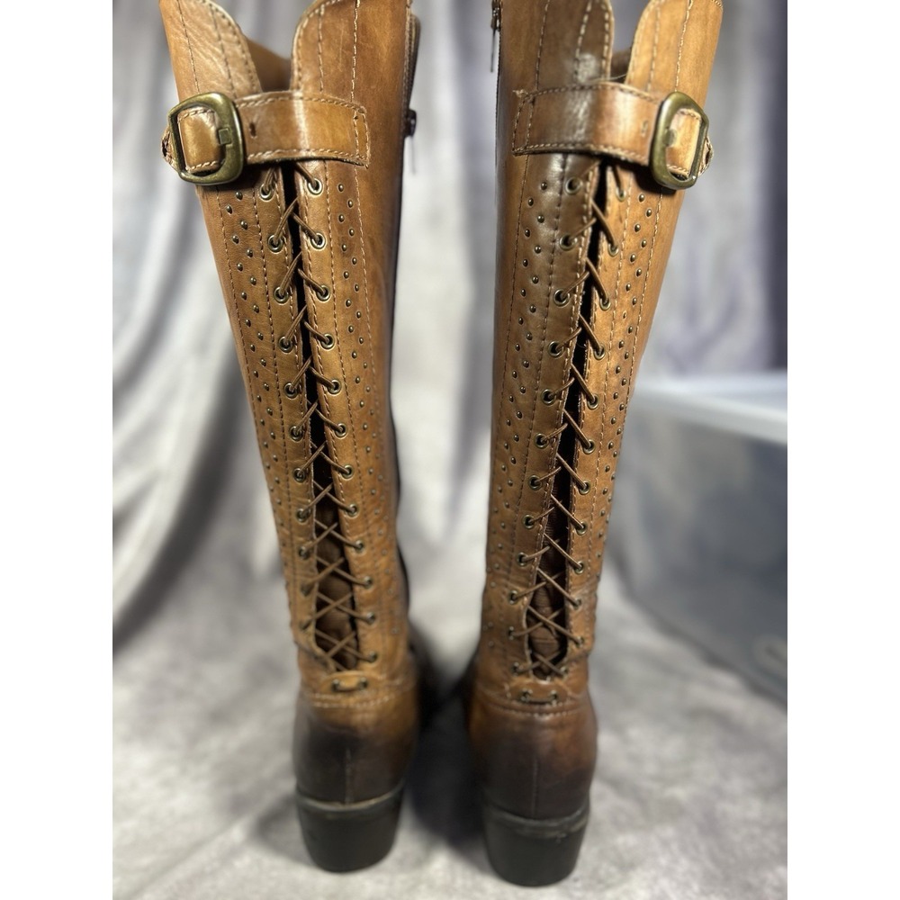 Arturo Chiang Womens 8M Brown Leather Knee High Riding Boots Studded Lace Up